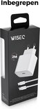 Witte WiseQ oplader met afbeeldingen van compatibele apparaten met USB-C en Lightning kabels. De tekst "Deze adapter is geschikt om alle Smartphones, Macbooks, Tablets en andere wearables mee op te laden" staat bovenaan.