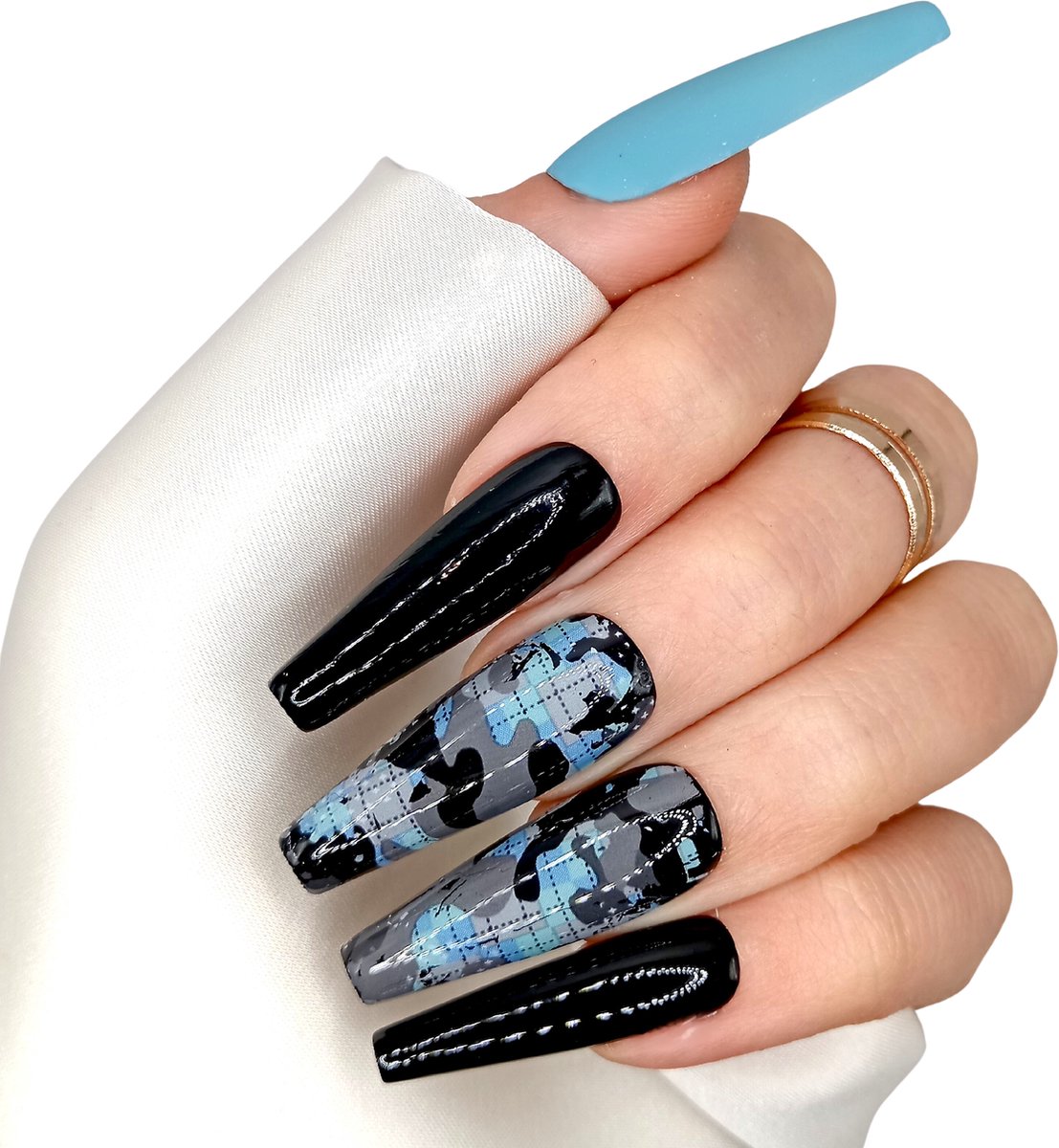 SD Press on Nails - B-194 - Plaknagels met nagellijm - XL Coffin - Blauw Zwart Camo - Set 20 Nagels - Cosplay - Nepnagels - Valse Nagels - Extreem lange nageltips - Nail Art - Handgemaakt - Zwarte Nagels