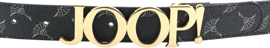 Detail van donkerblauwe JOOP! riem met goudkleurig logo en spinmotief.