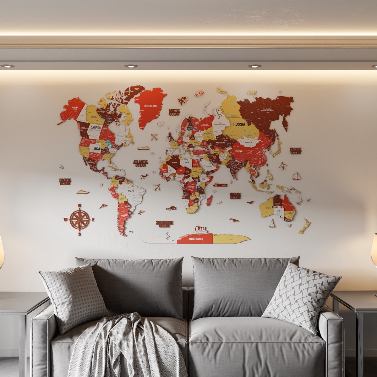 Wanddecoratie - Wereldkaart - Wereldkaart Prikbord - Wereldkaart Wanddecoratie - Houten Wereldkaart - Wereldkaart Hout - Muurdecoratie - Cadeau - Verjaardag Cadeau - Housewarming Cadeau - Terracota Mix - Large - 180x125 CM