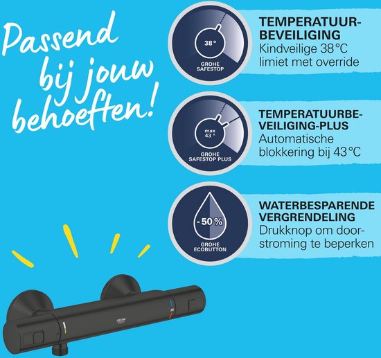 Zwarte thermostaatkraan met iconen die de temperatuurbeveiliging, automatische blokkering bij 43°C en waterbesparing uitleggen.