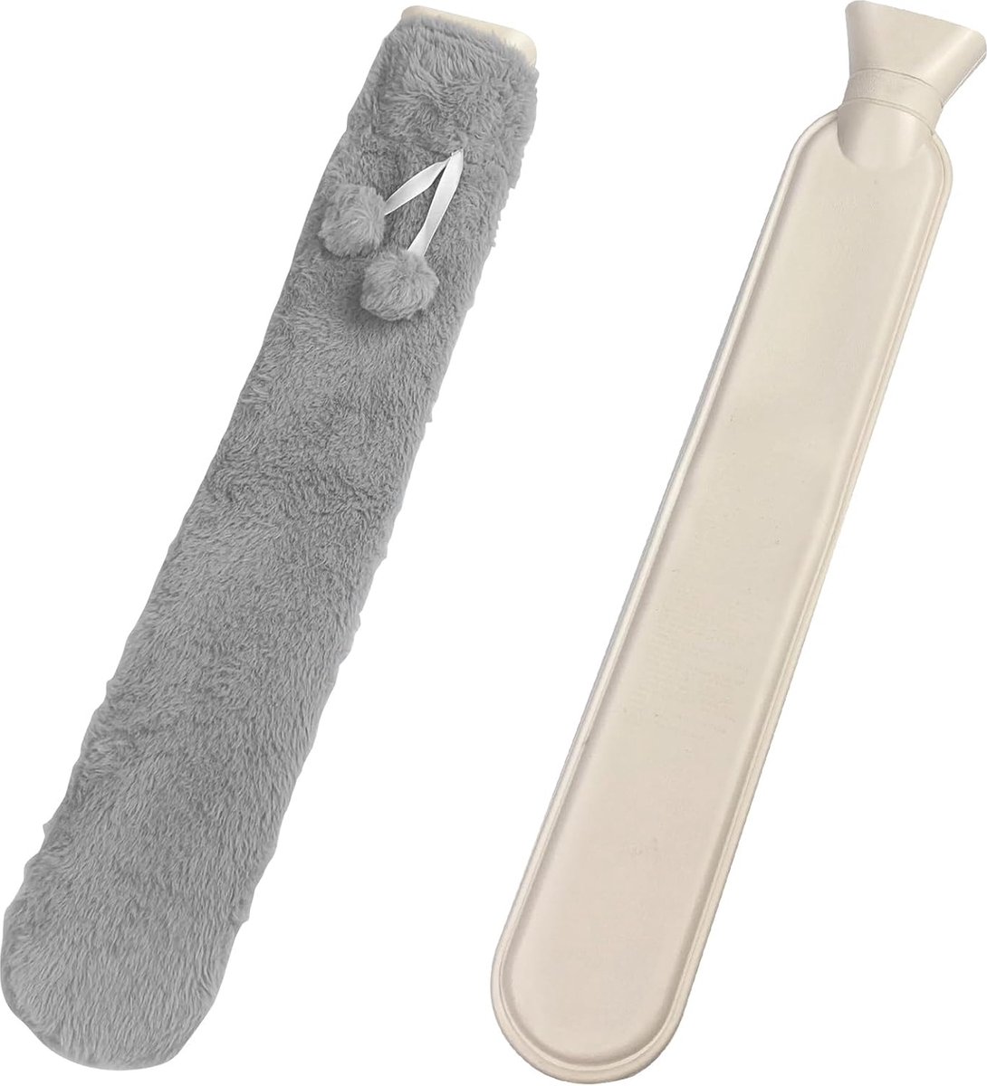 Goedkoopste Lange warmwaterkruik met hoes, 1 liter, pluizige slangwarmwaterkruik, langwerpige warmwaterfles, lange warmwaterfles voor nek, schouder, onderlichaam, rug (grijs