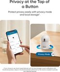 Smartphone met camera-instellingen. Witte eufy camera met draaiende pijlen in privacy-modus.