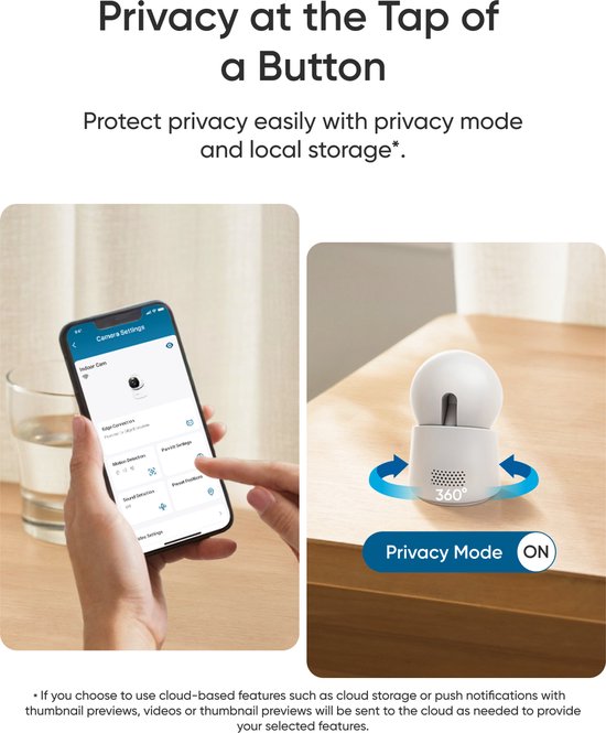 Smartphone met camera-instellingen. Witte eufy camera met draaiende pijlen in privacy-modus.