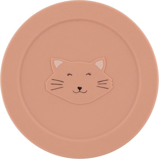 Een lichtroze deksel van siliconen met daarop een schattig slapend kattengezichtje.