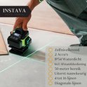 Groene laser met 16 lijnen, zelfnivellerend, op tafel, hand wordt getoond.