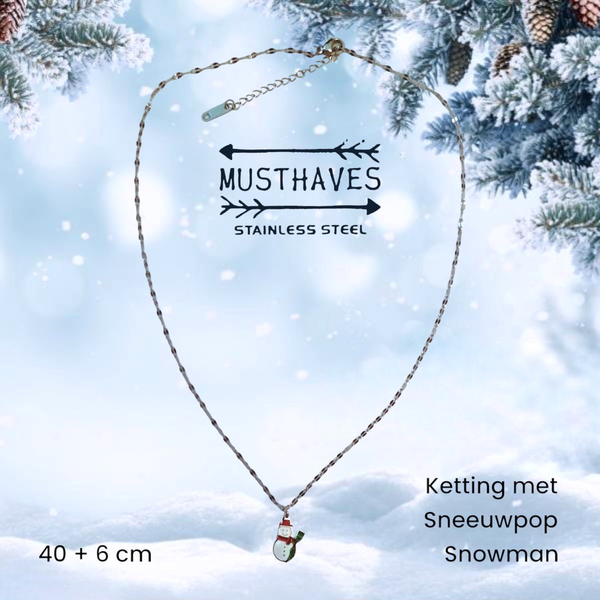 MustHaves - RVS / Stainless steel ketting met hanger - snowman / sneeuwpop - 46 cm - 1,5 x 0,9 cm hanger - volwassenen jeugd kinderen - unisex - casual - feestdagen kerst winter - (thema) feest