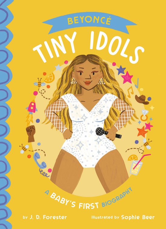 Boek 'Tiny Idols Beyoncé' met illustratie van Beyoncé in een wit glitterpak, microfoon in hand, omringd door speelse, kleurrijke iconen.