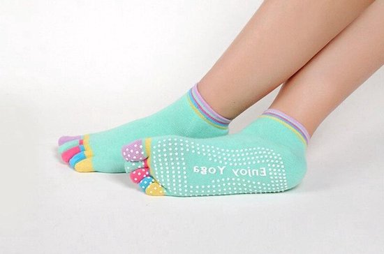 Scoby - Yogasokken - Sportsokken - Yoga - Antislip - Lichtgroen met Gekleurde Tenen - Vrolijke Gekleurde Sokken - Teensokken - 36-40