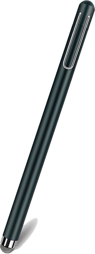 Zwarte styluspen met zilveren clip, schuin gehouden.