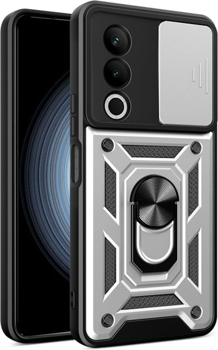 MobyDefend Hoesje - Geschikt voor Oppo A80 5G - Pantsercase Met Draaibare Ring - Zilvergrijs