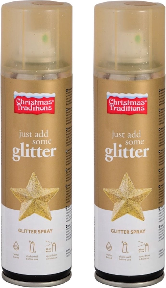 Christmas Traditions Decoratie spray - 2x - goud - glitter -150 ml - spuitbus - decospray