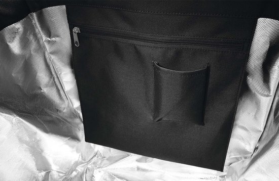 Binnenzijde van de zwarte boodschappentrolley met ritssluiting en vakje, en aluminium voering.