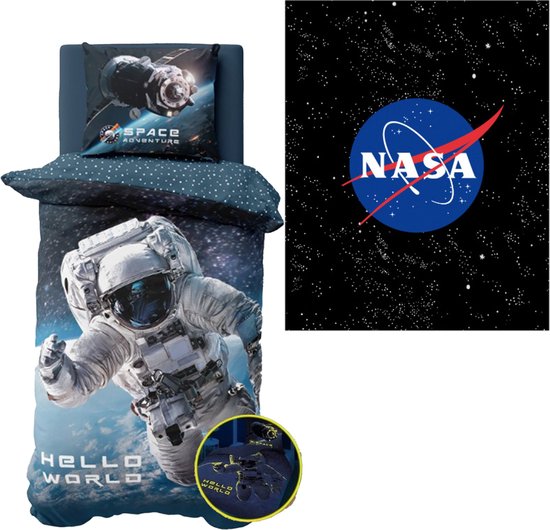Dekbedovertrek Ruimtevaart - Space - Astronaut - 140x200 cm - katoen - glow in the dark effect - inclusief Nasa Fleece-deken