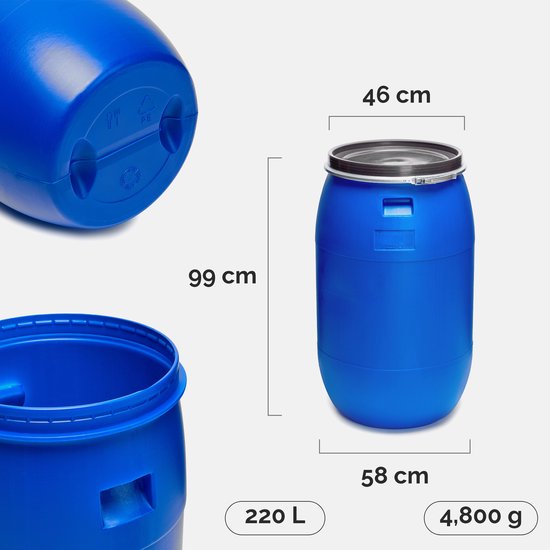 Afmetingen van een blauw kunststof vat: 99 cm hoog, 58 cm diameter, 46 cm breedte, 220 liter, 4,8 kg.