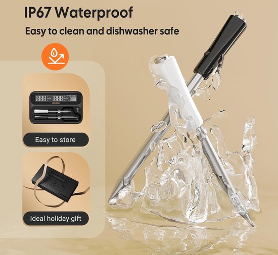 Een thermometer wordt onder water gehouden met de tekst 'IP67 Waterproof'. De thermometer is zwart en wit.