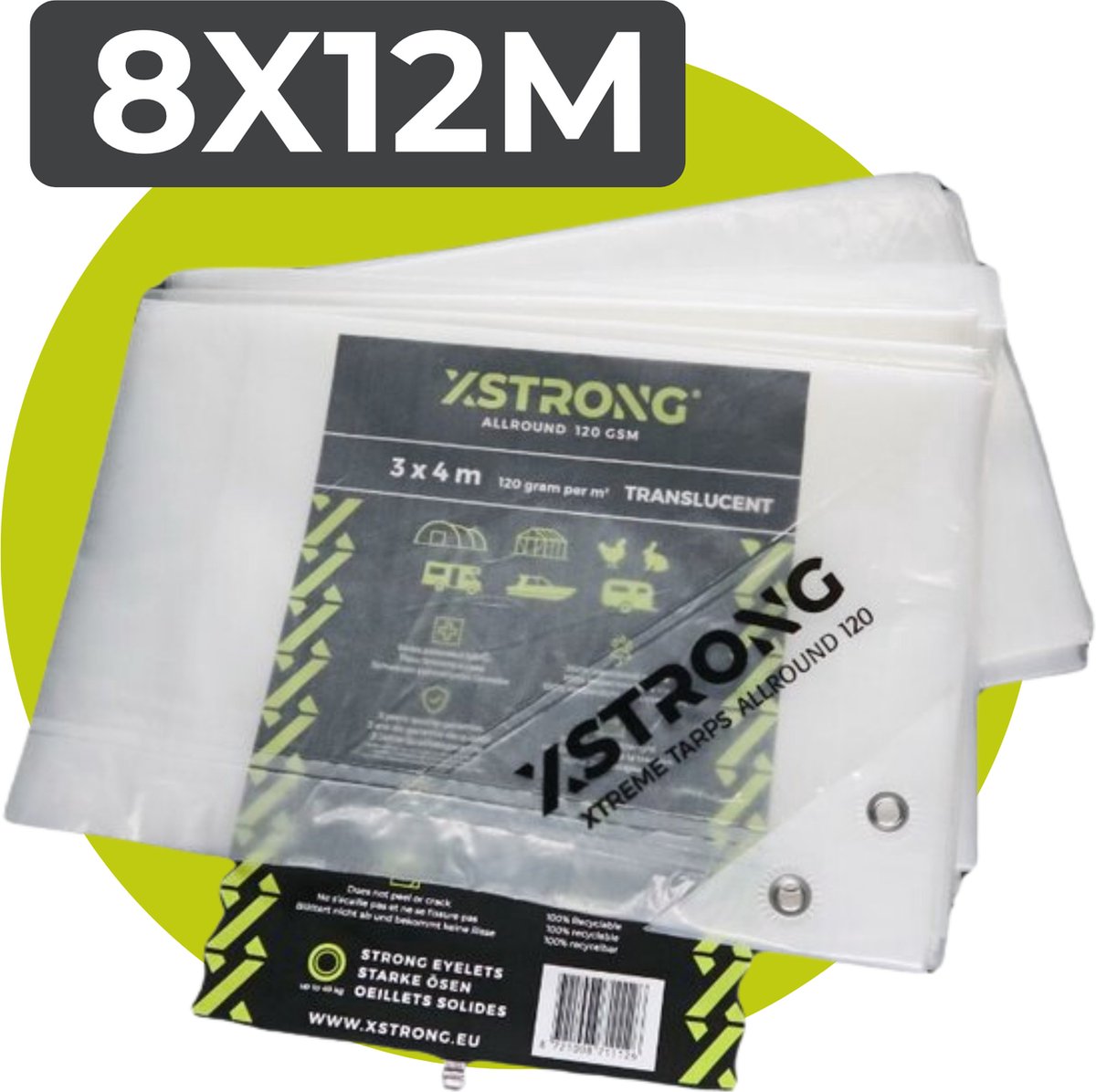 Xstrong Afdekzeil Allround - 8 x 12 m - 120g/m2 - Transparant - 100% Waterbestendig en Scheurbestendig - voor daken, zwembaden, tuinmeubelen, voertuigen, fietsen, aanhangwagen