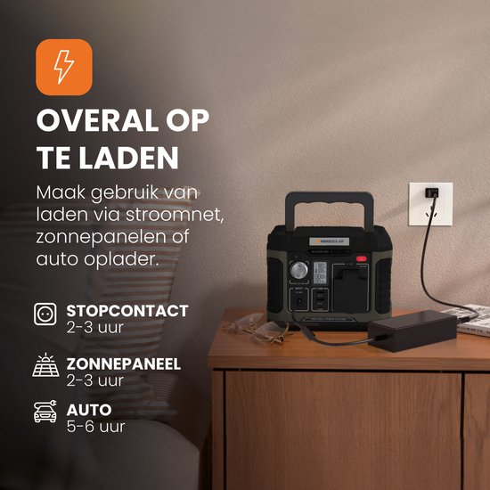 Heko Solar powerstation laadt op via stopcontact, zonnepaneel of auto-oplader. Oplaadtijden variëren.