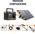 Inhoud verpakking Heko Solar Master 300 + Unfold 60: powerstation, zonnepaneel, handleiding, kabels en oplader.