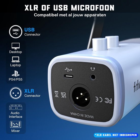 FIFINE - TAM8 - Microphone de studio USB / XLR - Bras flexible (BM88) - Avec passe-câbles - Convient pour PC/PS4/PS5 - RVB - Podcast - Gaming - Streaming - Wit