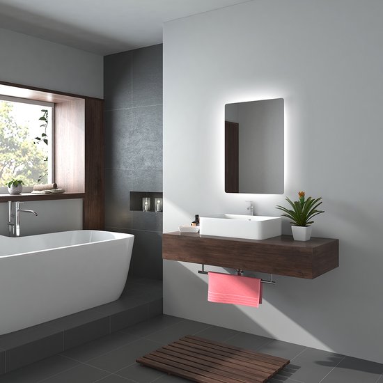 EMKE Miroir de salle de bain LED LM09 - Sans cadre - Convient pour interrupteur mural - Wit froid 6500K - 60 x 80 CM - Suspension horizontale/verticale
