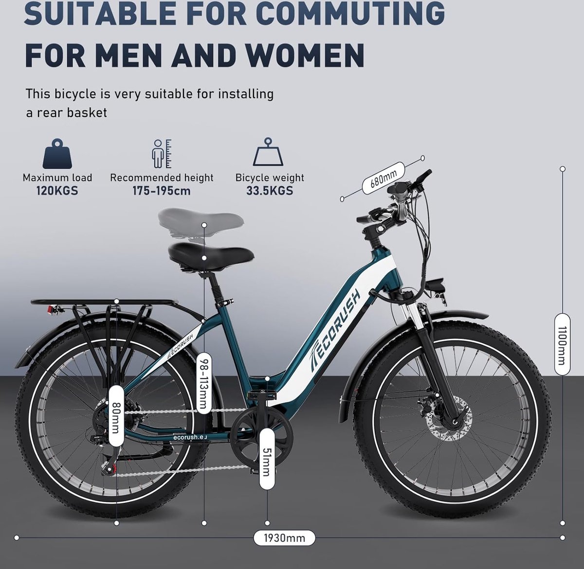 ECORUSH Elektrische Fiets ECO R3 - Trendy 26*4.0 Inch Fat Tire City Commuter EBike met Afneembare 48V 13Ah Lithium Batterij - Mountain E-Bike met 250W Motor - 7 Versnellingen - IP54 Waterdicht – foto 6