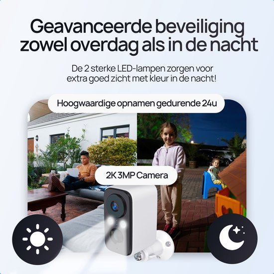 Beveiligingscamera overdag en 's nachts: links een camera met spelende familie, rechts kinderen bij nacht, met 2K 3MP camera.