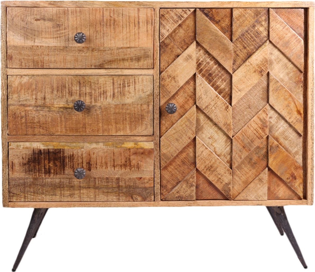 OHNO - Mansoor Dressoir - Hout - Met Deur - Met Lades - Visgraatlook - Zwart Metalen poten