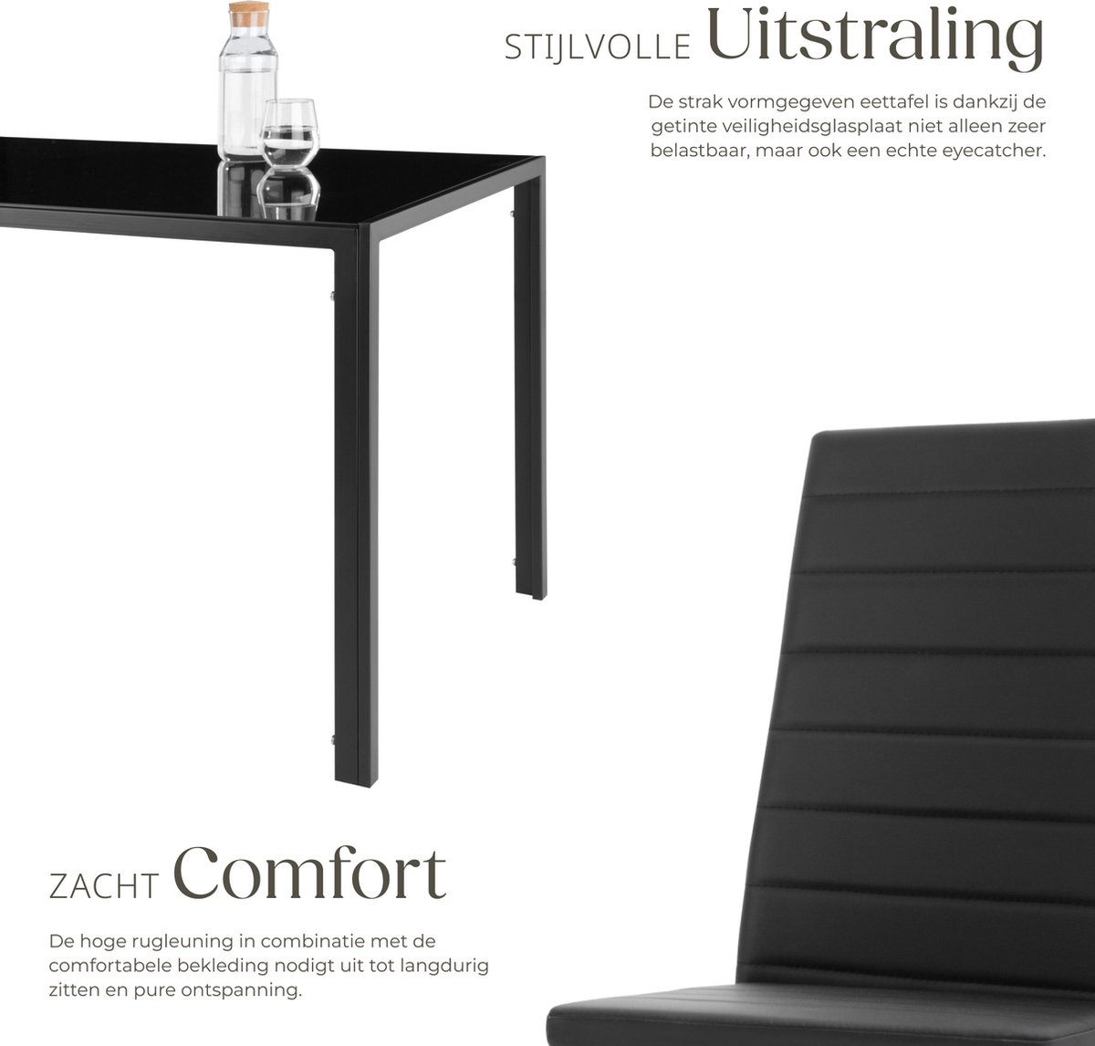 tectake® Eetkamerset met 4 Eetkamerstoelen - Eettafel met glazen blad - 120 x 70 x 75 cm - Eethoek set Tafel en Stoelen - Set van 4 Stoelen met kunstleer - Zwart – foto 4
