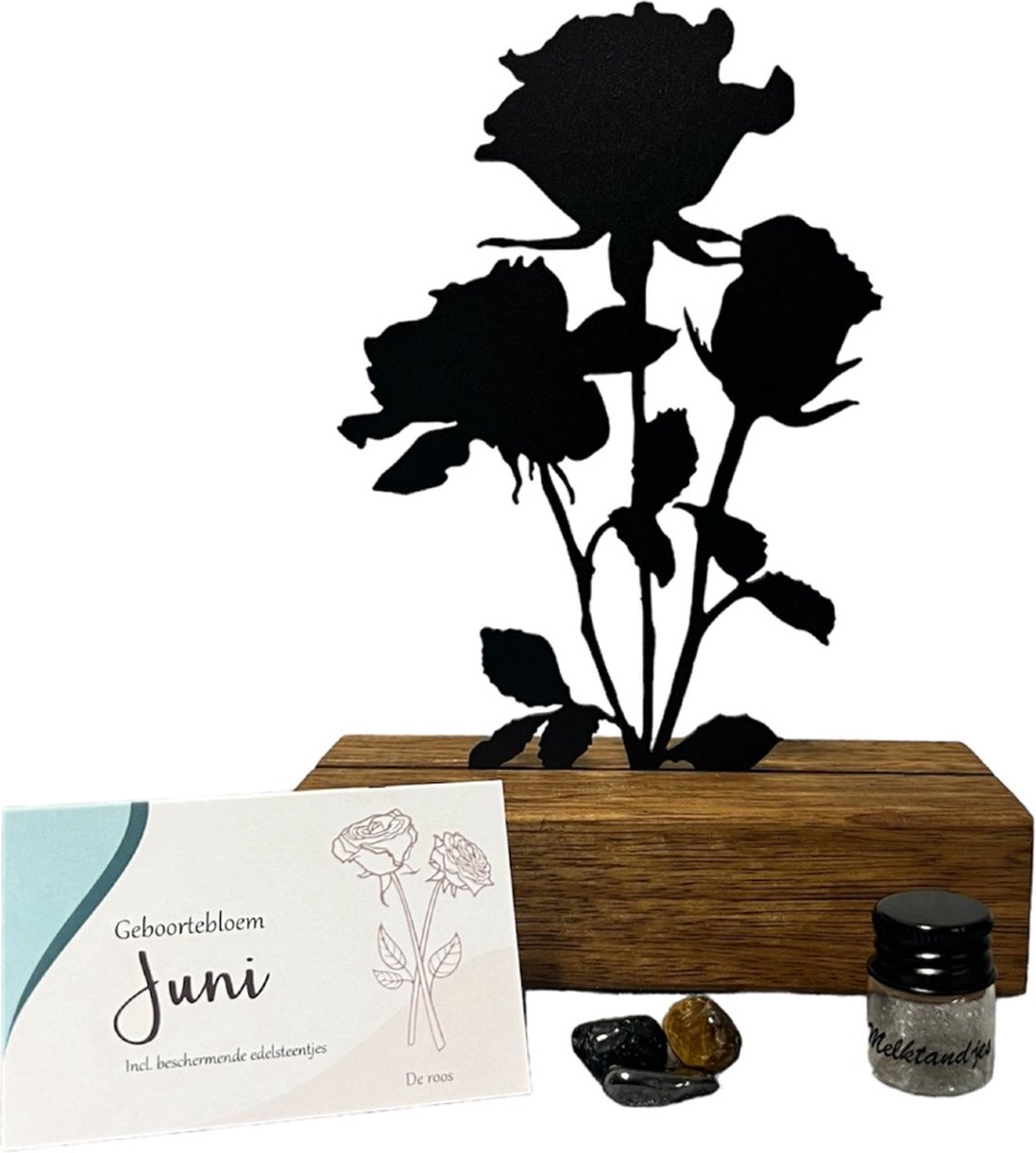 Goedkoopste Kraamcadeau - geboortebloem beeld- JUNI - roos - mét tandendoosje / potje / haarlokpotje en beschermende edelsteentjes - metaal in houten sokkel - baby cadeau - babyshower cadeau