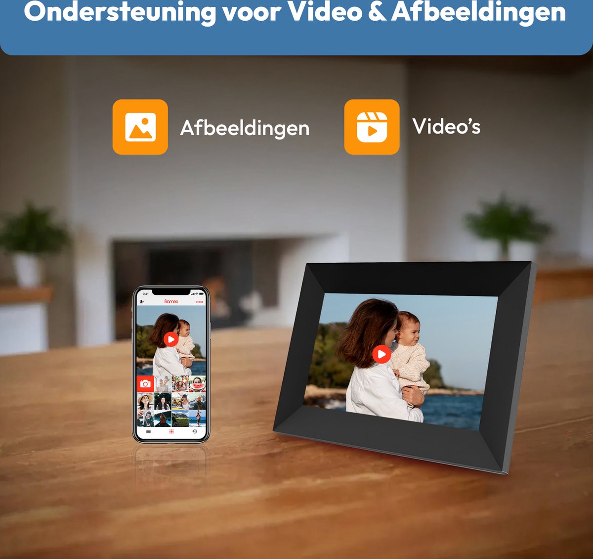 8 inch IPS-digitale fotolijst met weergave in meerdere formaten, plug-and- play, dubbele bedieningsmodus, klok- en kalenderfunctie voor eenvoudige installatie en een (BLACK