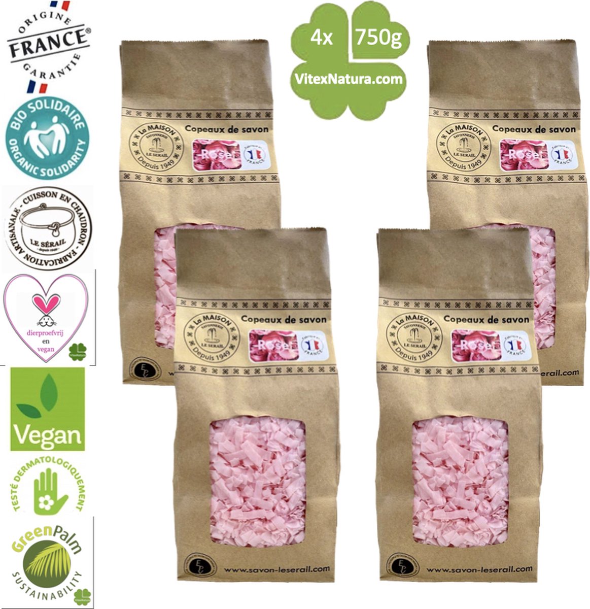 Goedkoopste Marseille zeepvlokken rozen geur | 4x 750g | Ecologisch en Milieuvriendelijk | Ambacht | Le Serail
