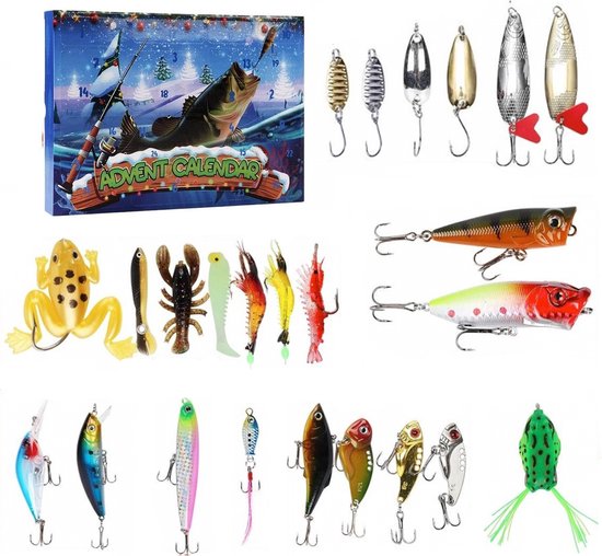 Visliefhebber Adventskalender - Kerstmis Cadeau - Kunstaas Set - 24 Dagen Kerstmis Countdown Geschenkdoos - adventskalender Vissen - Kerstmis Aftellen - Vissenaccessoires Kit - Visaccessoires Met 24 Vakken - 24 Verschillende Kleuren/Vormen Vishaken