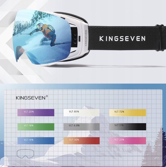 Kingseven skibril met zwarte band en reflecterende spiegelglazen, met VLT-indicatie in verschillende kleuren.