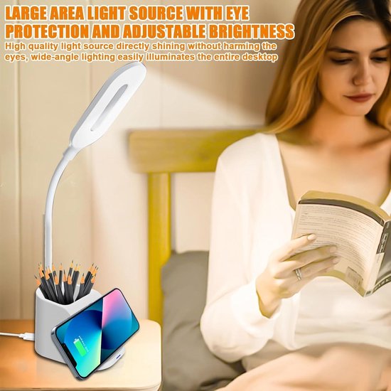 Mrs. Jones Bureaulamp led dimbare led-tafellamp 3 kleuren oogbescherming tafellamp voor kinderen met penhouder en mobiele telefoonhouder - draadloze oplaadfunctie - leeslamp voor kantoor . — afbeelding 4
