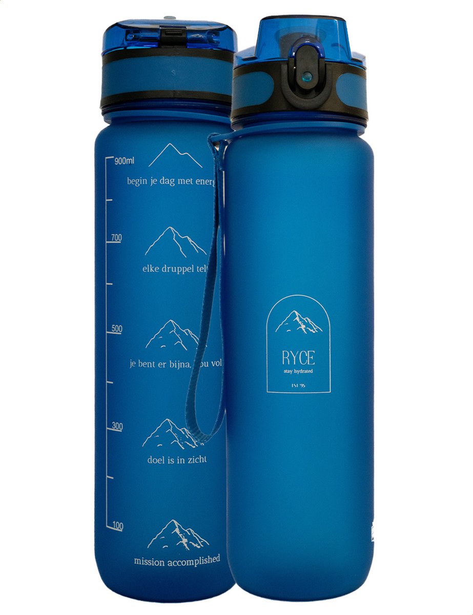 Ryce® Motivatie waterfles - Nederlands - 1 Liter - Drinken met fruit filter - Volwassenen - Kinderen - Blauw