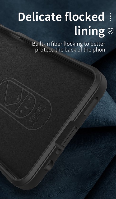 Binnenzijde van een zwarte telefoonhoes met een zachte, flockende voering.