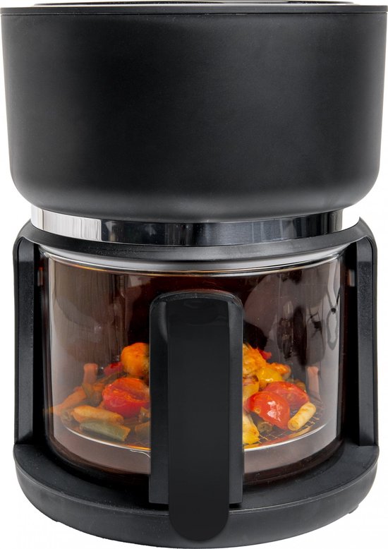4SWISS Heteluchtfriteuse ABB-G24 Pure Glass, Vermogen 1200 W, met aanraakscherm, energiebesparend en gemakkelijk schoon te maken, ruime lade van 3 liter, Zwart