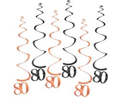Q2Party - 80 Jaar Swirl - Slinger - Leeftijd - Versiering - Verjaardag - decoratie - Feest - Hangdecoratie - Rose Goud/Zwart – 6 stuks