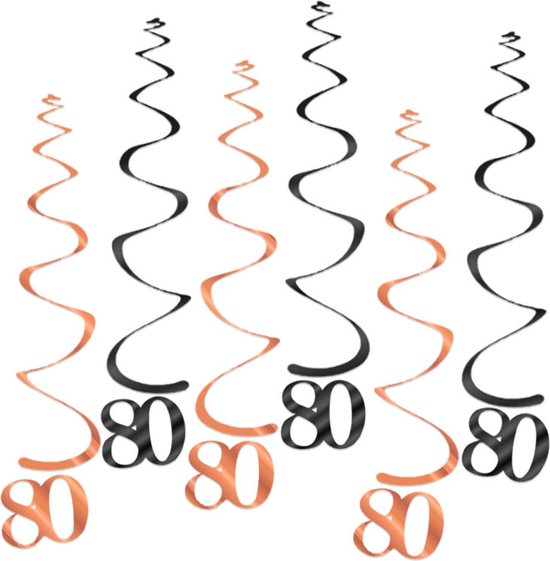 Q2Party - 80 Jaar Swirl - Slinger - Leeftijd - Versiering - Verjaardag - decoratie - Feest - Hangdecoratie - Rose Goud/Zwart – 6 stuks