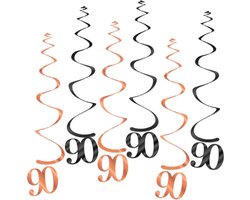 Q2Party - 90 Jaar Swirl - Slinger - Leeftijd - Versiering - Verjaardag - decoratie - Feest - Hangdecoratie - Rose Goud/Zwart – 6 stuks
