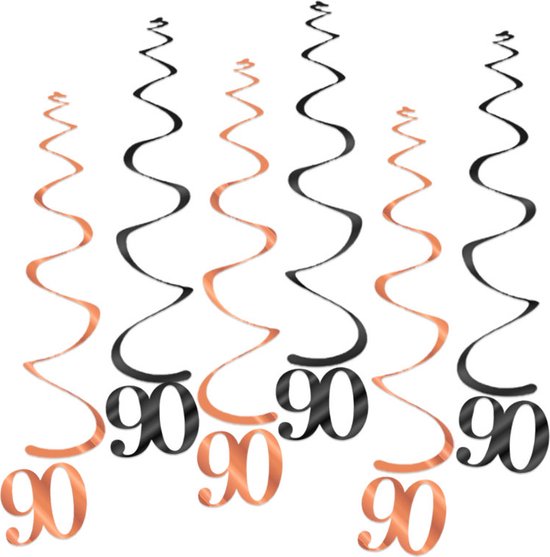 Q2Party - 90 Jaar Swirl - Slinger - Leeftijd - Versiering - Verjaardag - decoratie - Feest - Hangdecoratie - Rose Goud/Zwart – 6 stuks