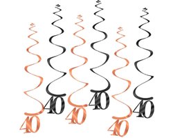 Q2Party - 40 Jaar Swirl - Slinger - Leeftijd - Versiering - Verjaardag - decoratie - Feest - Hangdecoratie - Rose Goud/Zwart – 6 stuks