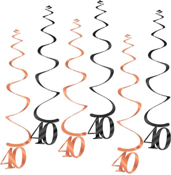 Q2Party - 40 Jaar Swirl - Slinger - Leeftijd - Versiering - Verjaardag - decoratie - Feest - Hangdecoratie - Rose Goud/Zwart – 6 stuks