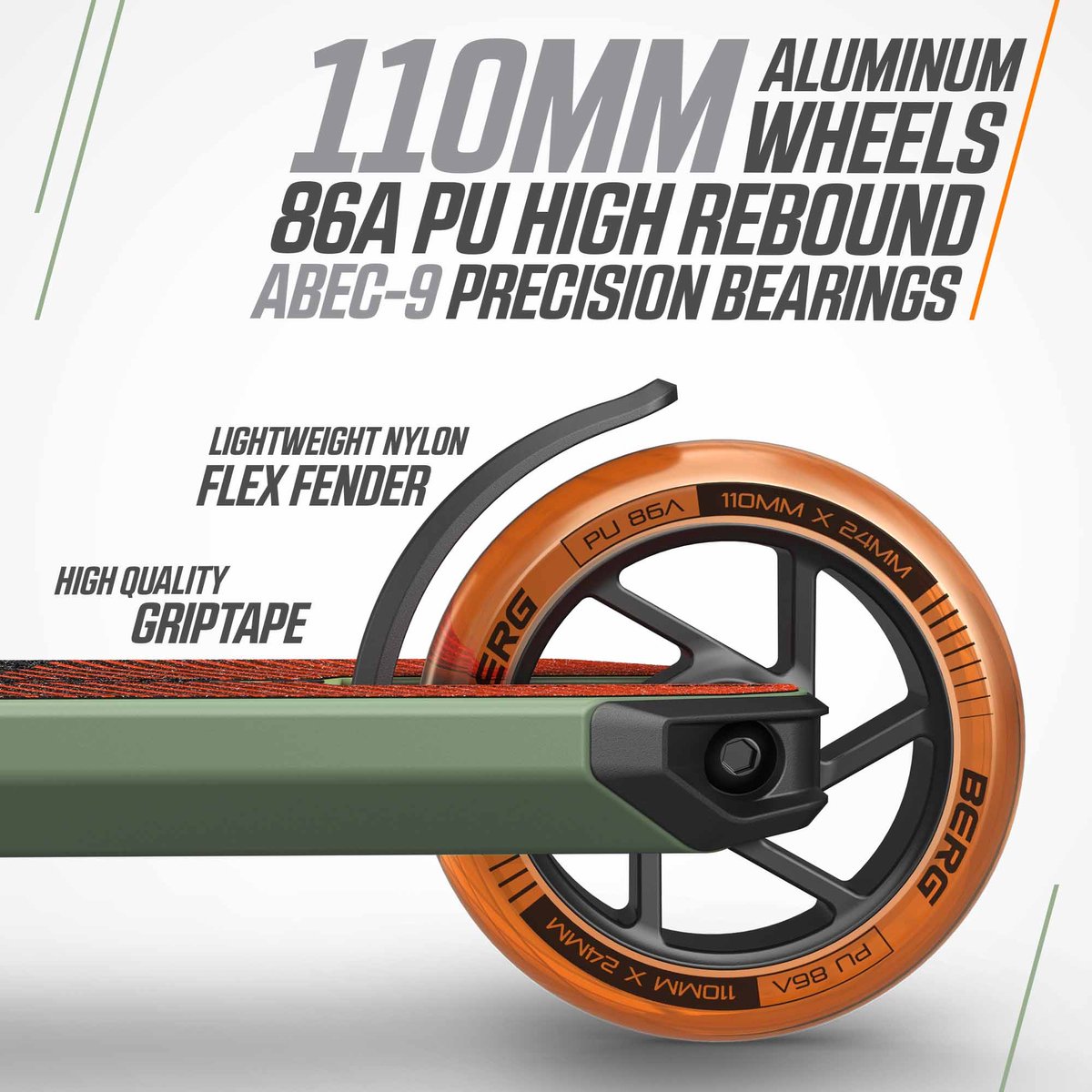 BERG Proxus X1 Stuntstep - Vanaf 6 jaar - 110 mm wielen - ABEC-9 lagers – Groen/Oranje — afbeelding 8