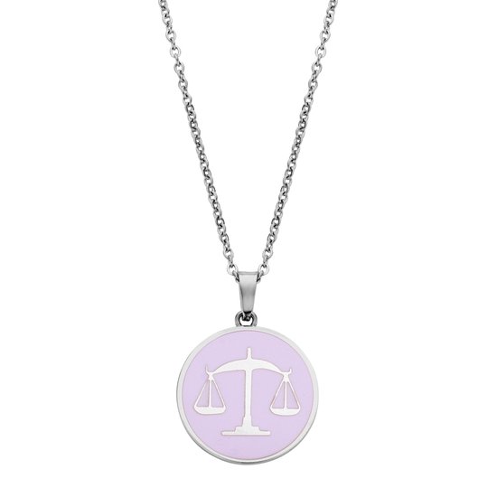 CO88 Collection Zodiac 8CN 26094 Collier en Acier avec Pendentif - Zodiac Libra 15 mm - Longueur 42 + 5 cm - Argenté / Violet Pastel