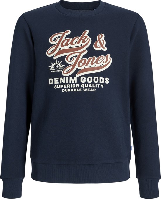 Sweatshirt bleu marine avec inscription 'Jack & Jones Denim Goods Superior Quality Durable Wear'.