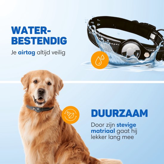 Een gouden retriever met een zwarte halsband met AirTag-houder staat in water. Links: Tekst 'Waterbestendig', de halsband en een druppel-icoon. Rechts: Tekst 'Duurzaam' met een blad-icoon.