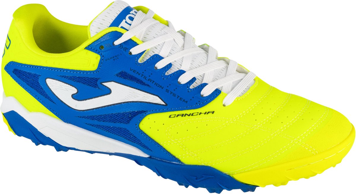 Joma Cancha 2511 TF voetbalschoenen voor mannen, geel met blauwe accenten, maat 41, synthetisch leder.