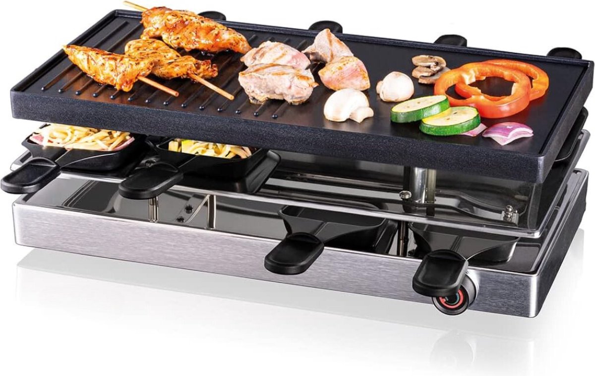 Raclettegrill 1200W met 8 Antiaanbak Pannetjes Gegoten Aluminium Kunststof Spatel & Onverwarmde Parkeerplaats